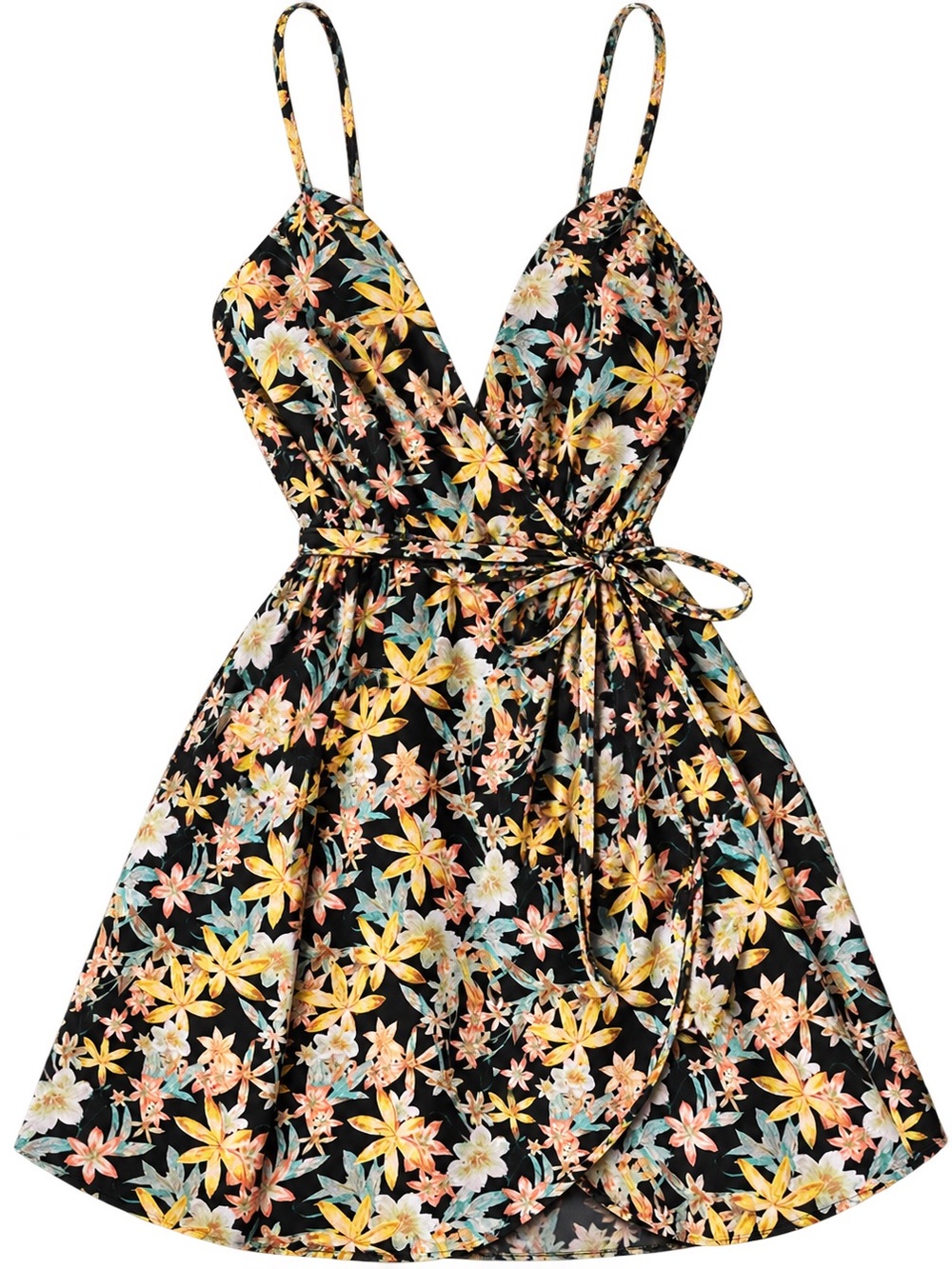 Forever 21 Black Floral Wrap Mini Dress with Yellow and Mint Accents